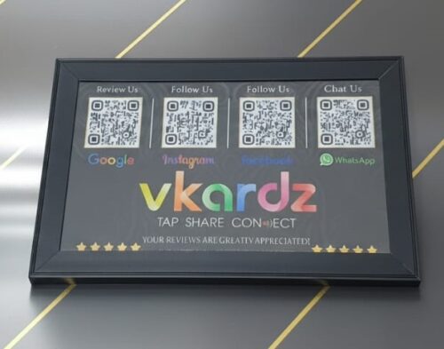 Framed NFC LED social sign with QR codes for Google Reviews, Instagram, Facebook, and WhatsApp.