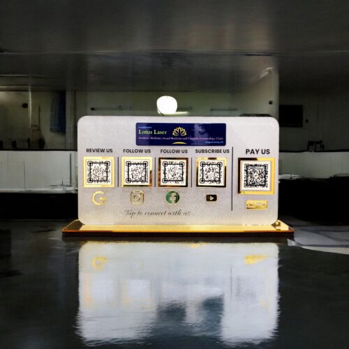 Business Standee with NFC and multi QR codes for reviews, payments, and social media on a crystal-clear acrylic display