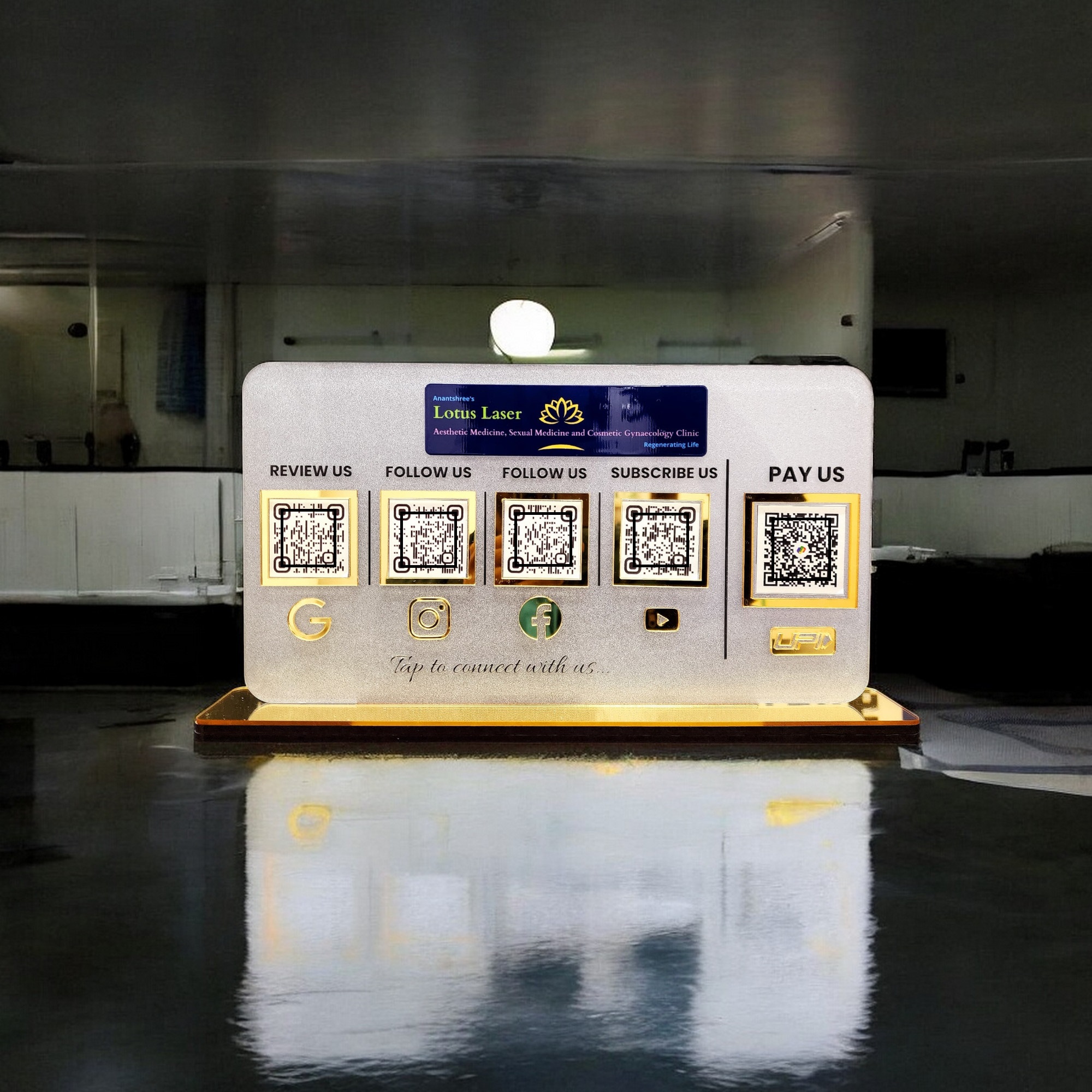 Business Standee NFC QR Display for Digital Engagement Business Standee with NFC and multi QR codes for reviews, payments, and social media on a crystal-clear acrylic display