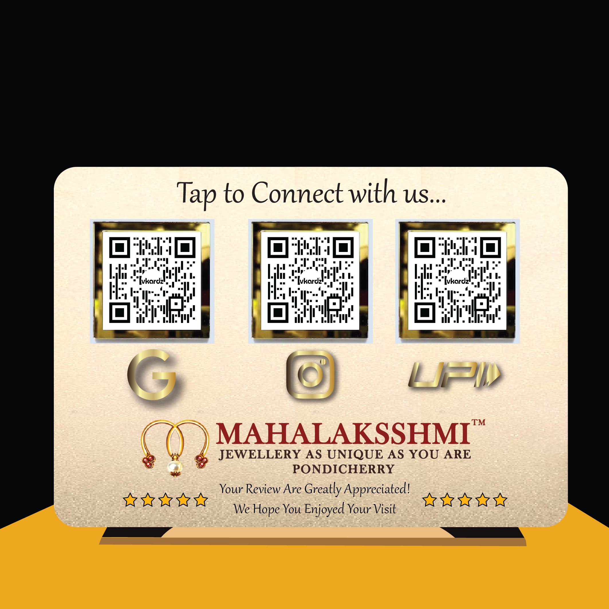 NFC Acrylic Standee - Contactless QR Payment & Social Media Access Digital display card for MAHALAKSSHMI JEWELLERY featuring three QR codes for Google, Instagram, and UPI, along with branding and a customer appreciation message.
