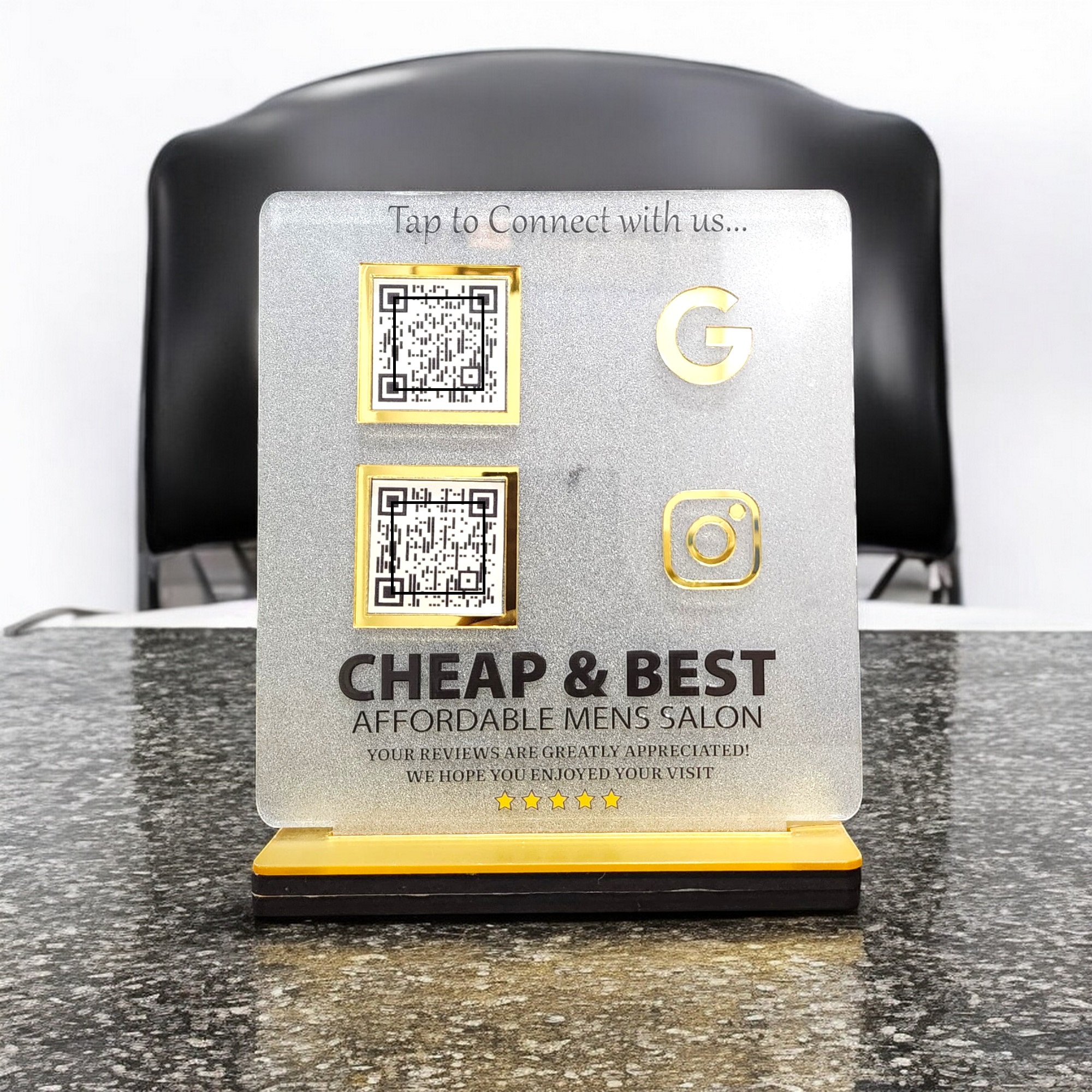 Custom NFC QR Code Business Standee – Transparent Acrylic A clear acrylic sign for Cheap & Best Affordable Mens Salon displays two QR codes, a gold Google icon, and a gold Instagram icon for customer connection and reviews.