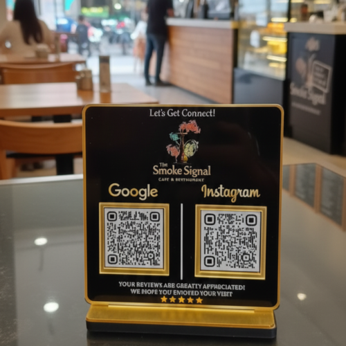 Multi-QR NFC Acrylic Standee | Stylish Black Payment & Social Media Display Sign