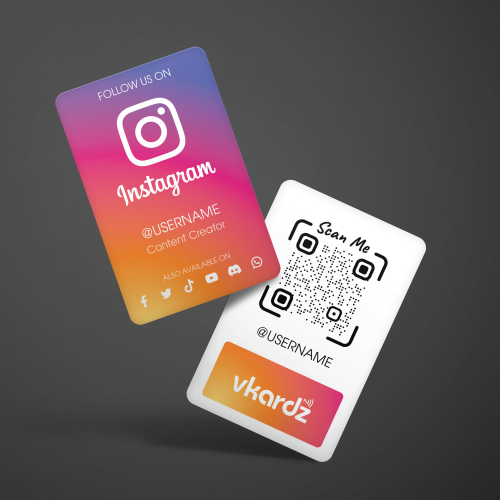 Two floating NFC Instagram cards, one with an Instagram logo on a colorful gradient and the other featuring a QR code and "vkardz" branding, against a dark gray background.