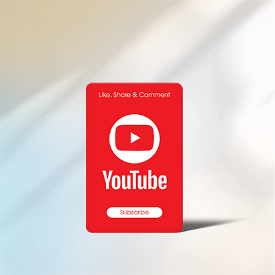 Red and white YouTube Digital Social Card with the play button logo and text "Subscribe", enabling one-tap NFC subscription to your channel.