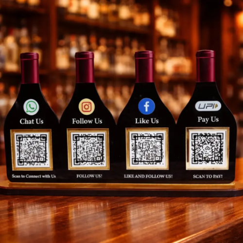 Bottle NFC standee for bars with black acrylic body, gold QR frames, and four contactless engagement options