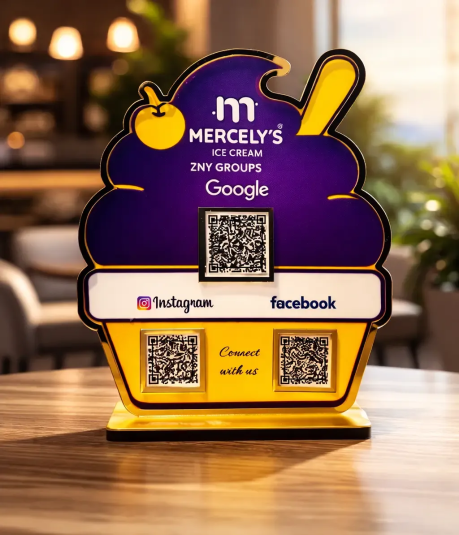 Ice Cream NFC Standee – 3-in-1 QR Display Ice cream–shaped NFC standee with three QR codes for reviews, social media, and payments on a café counter