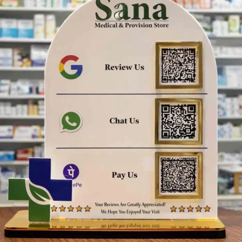 Smart NFC & QR Standee – White & Gold Acrylic Display for Reviews & Payments
