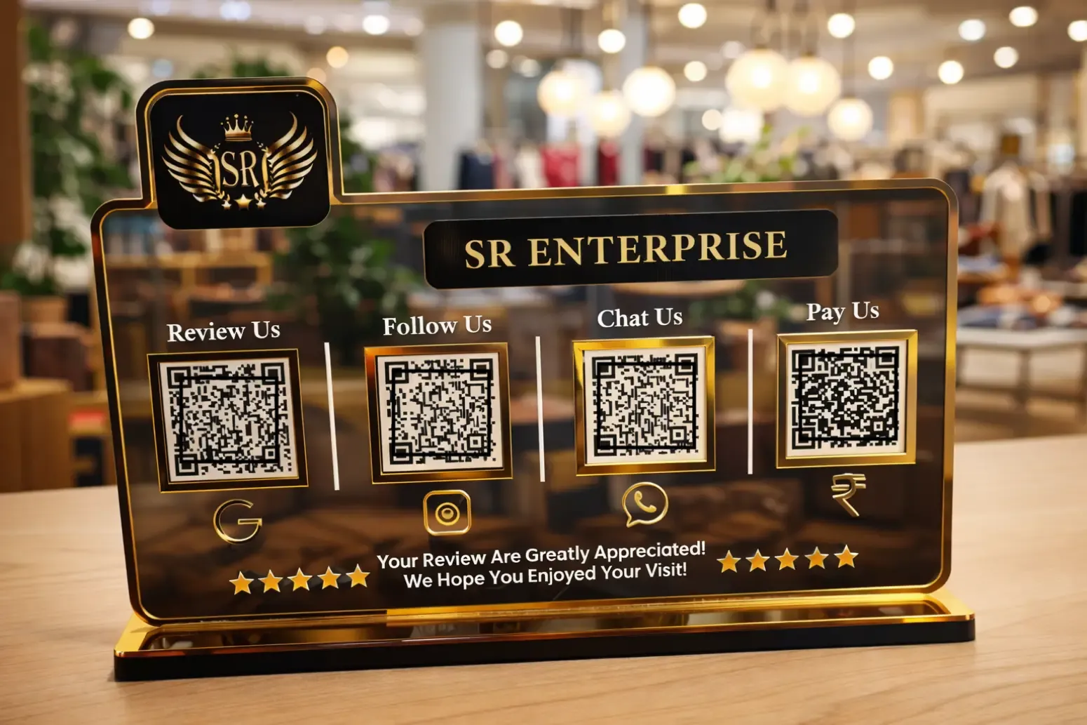 Smart NFC Standee with 4 QR Codes – Black & Gold Smart NFC standee with 4 QR codes in black and gold acrylic for reviews, payments, and social media on a business counter