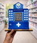 Pharmacy NFC standee for contactless UPI payment with QR code acrylic display for medical store counter