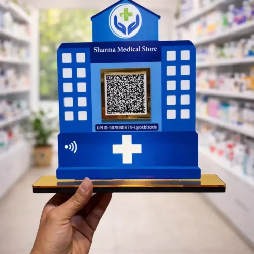 Pharmacy NFC standee for contactless UPI payment with QR code acrylic display for medical store counter