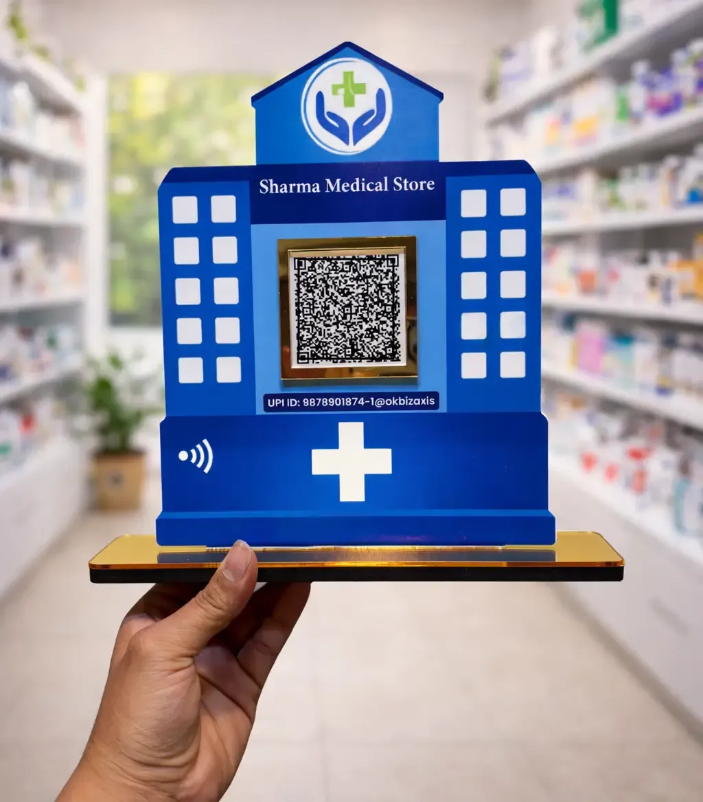 pharmacy-nfc-standee-upi-payment Pharmacy NFC standee for contactless UPI payment with QR code acrylic display for medical store counter