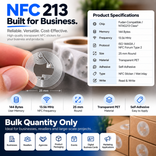 25mm Transparent NFC 213 Sticker Labels – 144 Bytes | Self-Adhesive NFC Tags